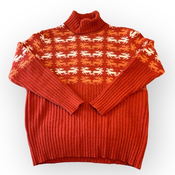 Vintage Sweaters - Vintage Reindeer Intarsia Alpaca Wool Turtleneck Sweater Brick Red Medium